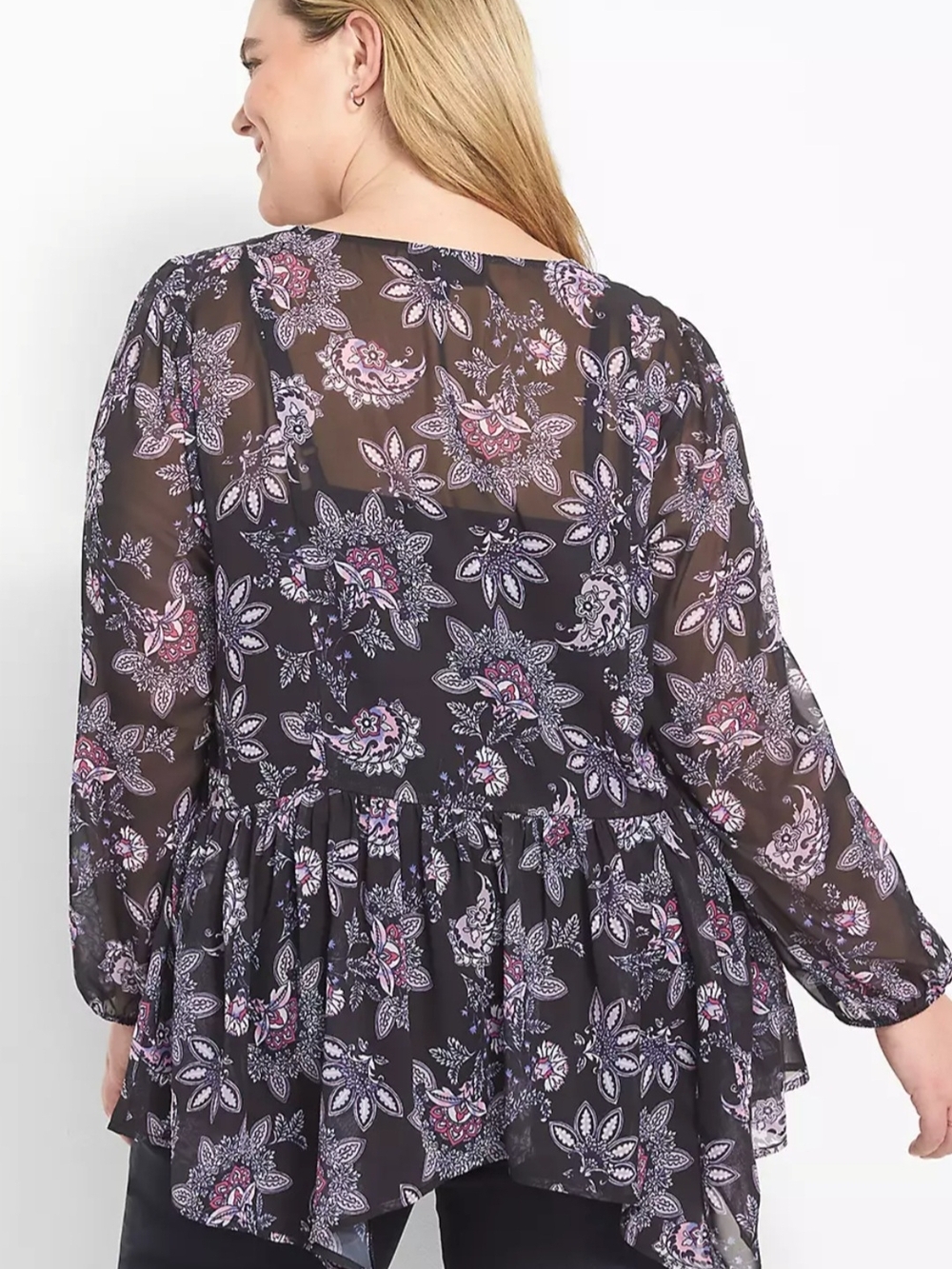 Sheer Floral Peplum Blouse - Black with Pink Accents